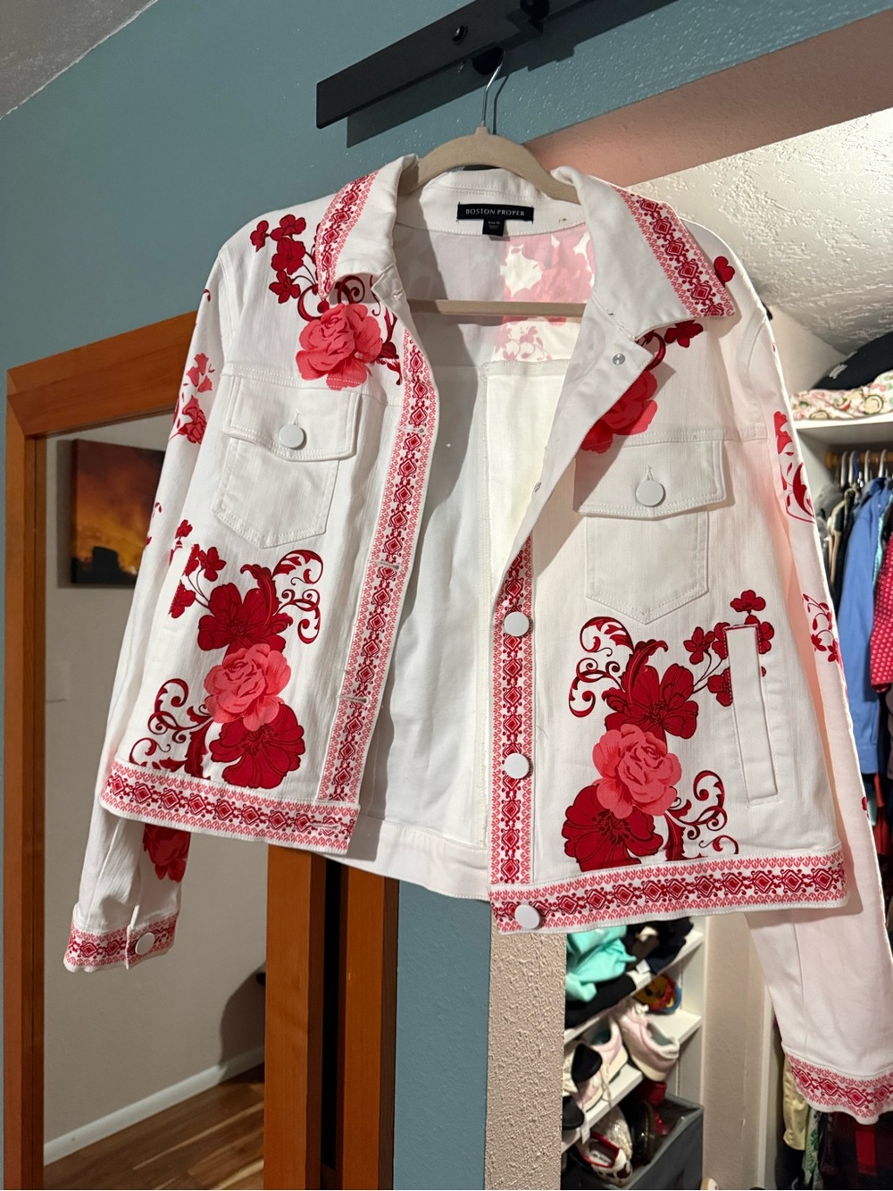 Boston Proper White Denim Jacket with Red Floral Appliqués